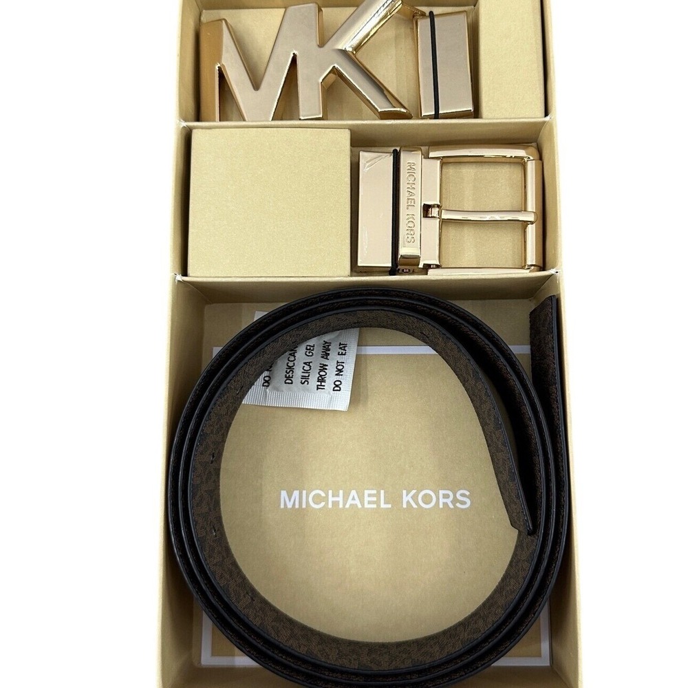Michael Kors Belt Set Reversible Buckle MK Logo Gold Brown, unisex, XL, new